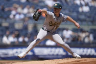 Oakland Athletics pitcher JP Sears throws during the first inning of the baseball game against the New York Yankees at Yankee Stadium Monday, April 22, 2024, in New York. (AP Photo/Seth Wenig)