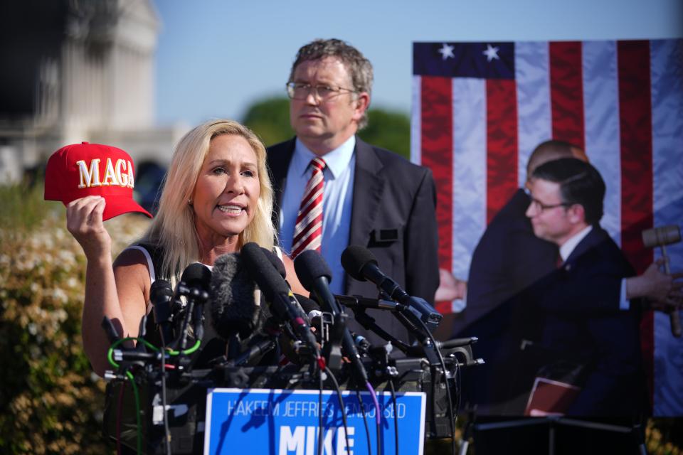 Marjorie Taylor Greene (R-Ga.) and Thomas Massie (R-Ky.) hold a press conference outside the U.S. Capitol on potential motion to vacate against Speaker of the House Mike Johnson on Wednesday, May 1, 2024.