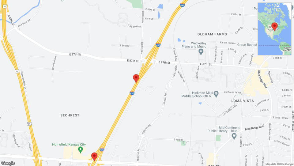 A detailed map that shows the affected road due to 'A crash has been reported on southbound I-435' on July 16th at 5:08 p.m.