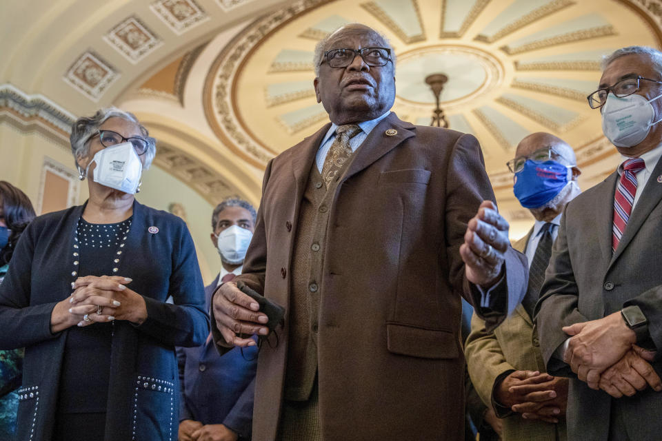 From left, Rep. Joyce Beatty, D-Ohio, Rep. Steven Horsford, D-Nev. House Majority Whip Jim Clyburn, D-S.C., Rep. Bennie Thompson, D-Miss., and Rep. Bobby Scott, D-Va., alongside other members of the Congressional Black Caucus, speak in front of the Senate chamber about their support of voting rights legislation at the Capitol in Washington, Wednesday, Jan. 19, 2022. (AP Photo/Amanda Andrade-Rhoades)