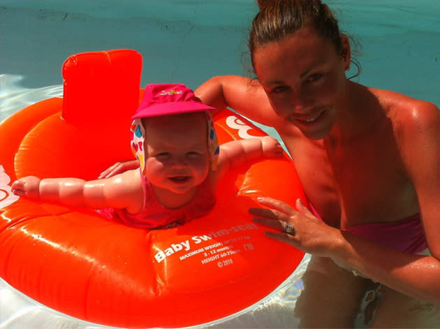 Celebrity Twitpics: Former Liberty X singer Michelle Heaton has spent the past week on holiday with her BFF Katie Price. Michelle took her six month old baby daughter Faith with her, but had to leave her husband in the UK. She kept him updated with regular Twitpics including this one, which she captioned: “Me & baby faith sunbathin in the pool-our last day of holiday with @MissKatiePrice We Missed Daddy @hughhanley so much” [sic]