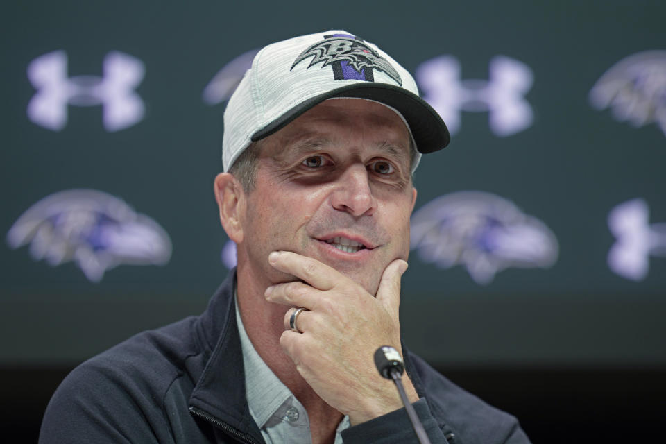 Baltimore Ravens head coach John Harbaugh attends a press conference after the NFL practice session in London, Wednesday, Oct. 11, 2023 ahead the NFL game against Tennessee Titans at the Tottenham Hotspur Stadium on Sunday. (AP Photo/Kin Cheung)