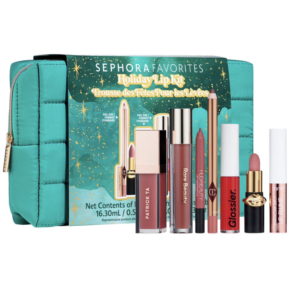 Holiday Lip Set in green makeup bag with lipglosses, lipsticks and lip pencils (photo via Sephora)