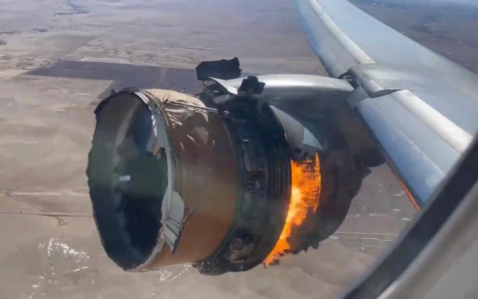 The damaged engine on United Airlines Flight 328 on Saturday