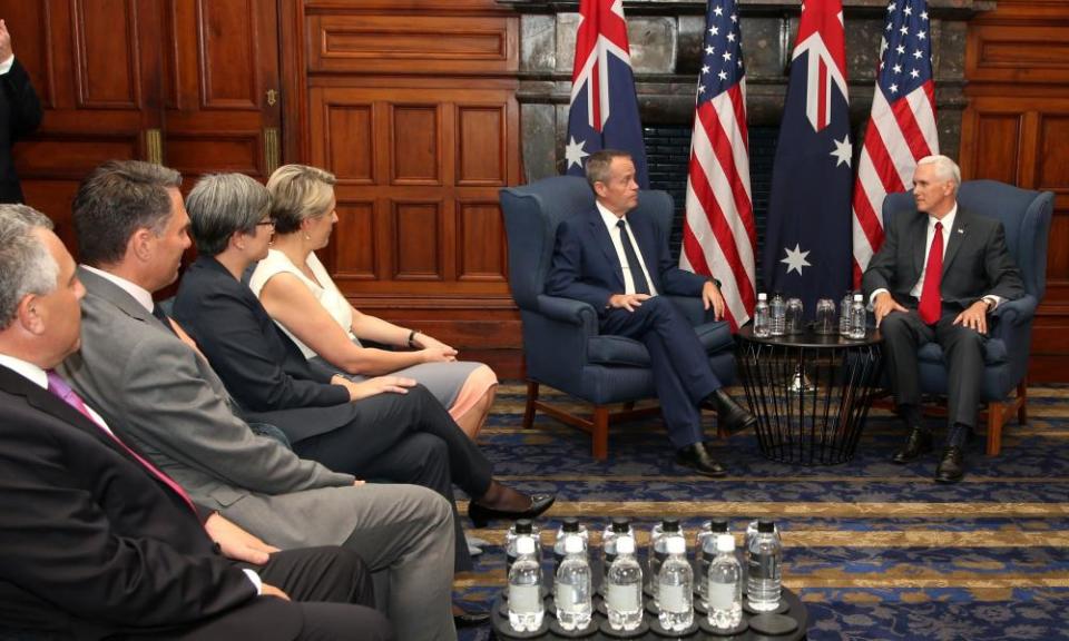 US Vice President Mike Pence (R) meets with Australian opposition leader Bill Shorten (C) in Sydney on April 22, 2017.