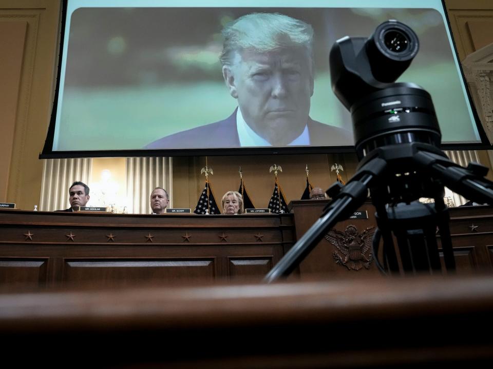 Former US President Donald Trump is displayed on a screen during a hearing by the Select Committee to Investigate the January 6th Attack on the U.S. Capitol on June 09, 2022 in Washington, DC.