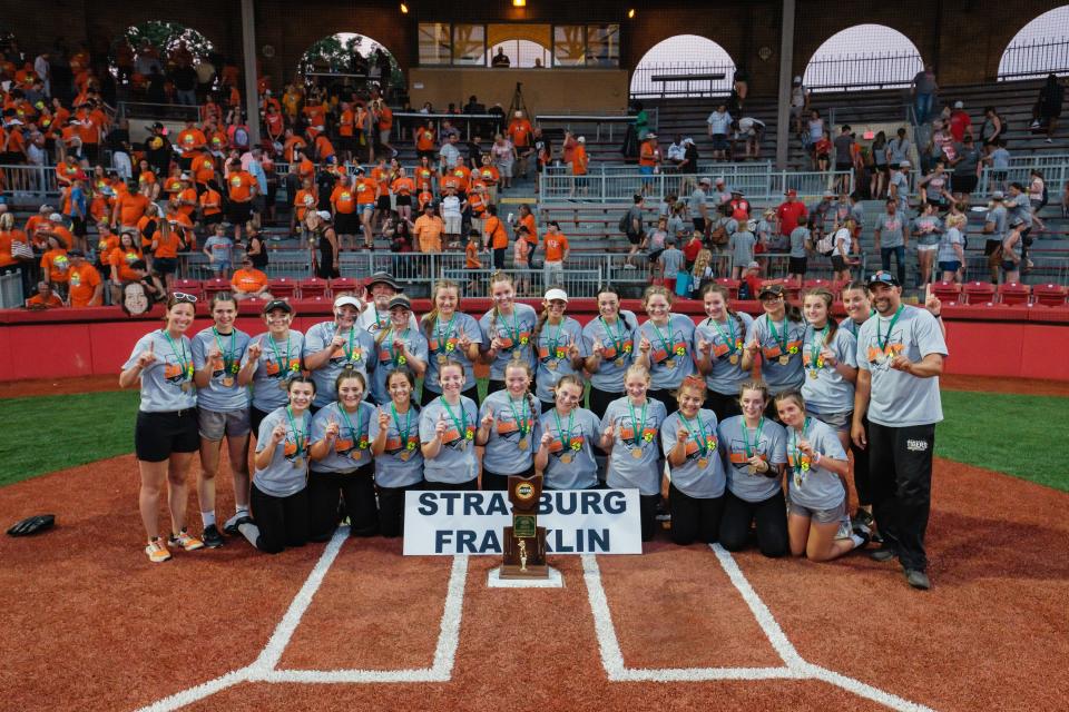 Strasburg-Franklin poses for a team photo after winning a second straight Division IV state softball title, as the Tigers defeated Hopewell-Loudon, Saturday, June 3, at Firestone Stadium in Akron.