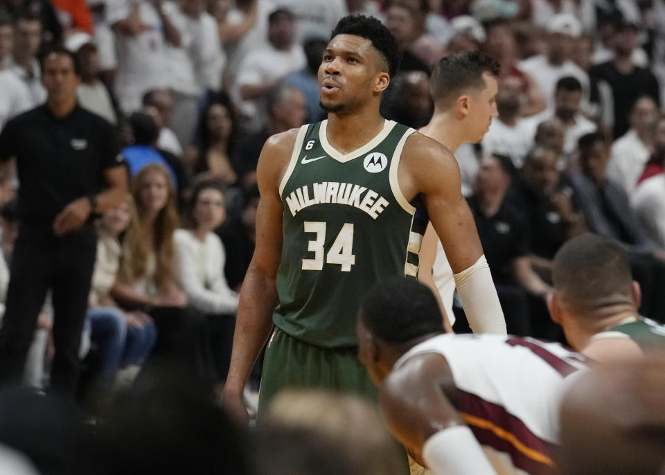Milwaukee Bucks forward Giannis Antetokounmpo (34) pauses before aiming two -free throw shots during the second half of Game 4 in a first-round NBA basketball playoff series against the Miami Heat, Monday, April 24, 2023, in Miami. The Heat defeated the Bucks 119-114. (AP Photo/Marta Lavandier)