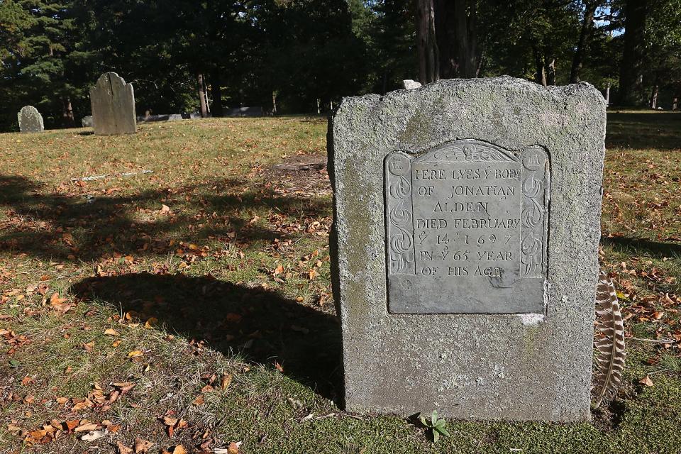 The headstone for Jonathan Alden is the oldest known headstone in the Myles Standish Burial Ground.