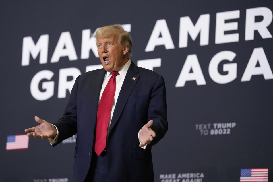 Former President Donald Trump speaks during a campaign rally Monday, Oct. 16, 2023, in Clive, Iowa. (AP Photo/Matthew Putney)