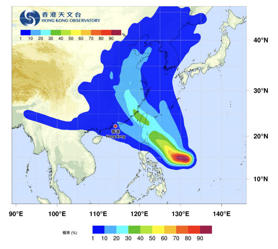 熱帶氣旋路徑概率預報，2023 年 7 月 22 日更新。現時系統預期杜蘇芮增強後，會在下周移向台灣，在台灣本島登陸的概率達 30 - 40%。