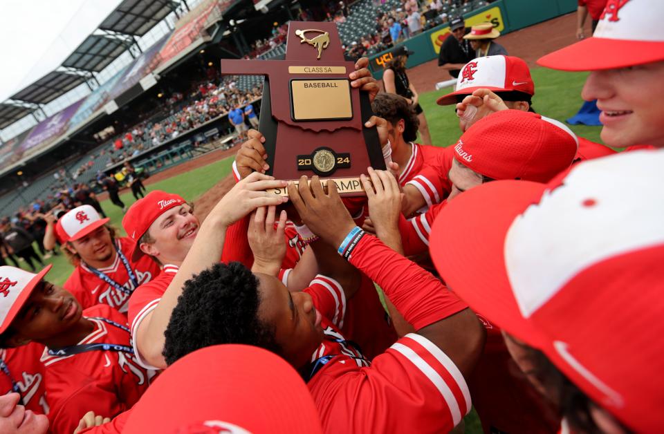 Carl Albert celebrates after beating Duncan for the Class 5A baseball state championship on Saturday at Chickasaw Bricktown Ballpark.