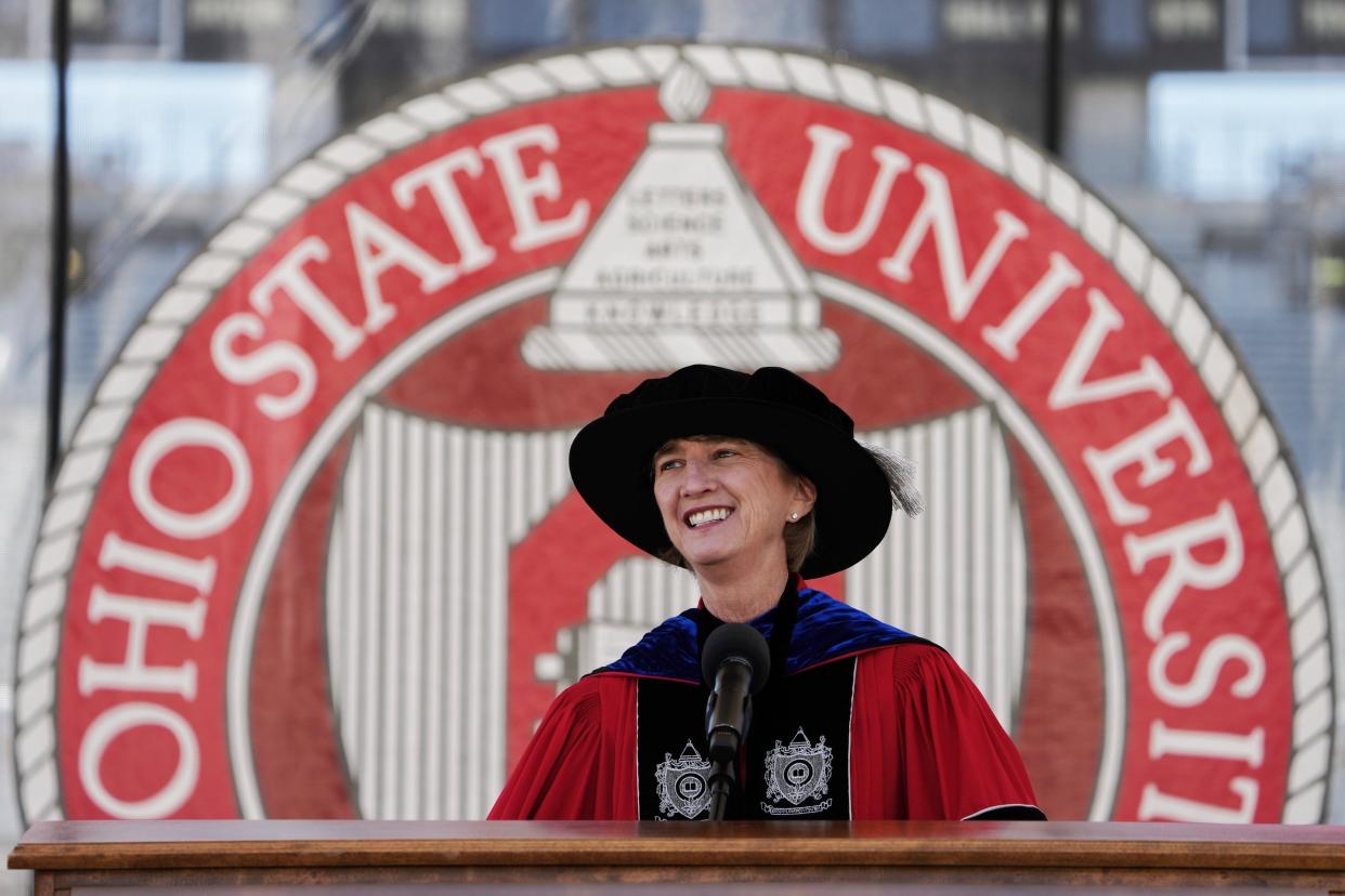 Sun., May 8, 2022, Columbus, Ohio, USA; Ohio State University President Kristina M. Johnson speaks during Ohio State Spring Commencement at Ohio Stadium.