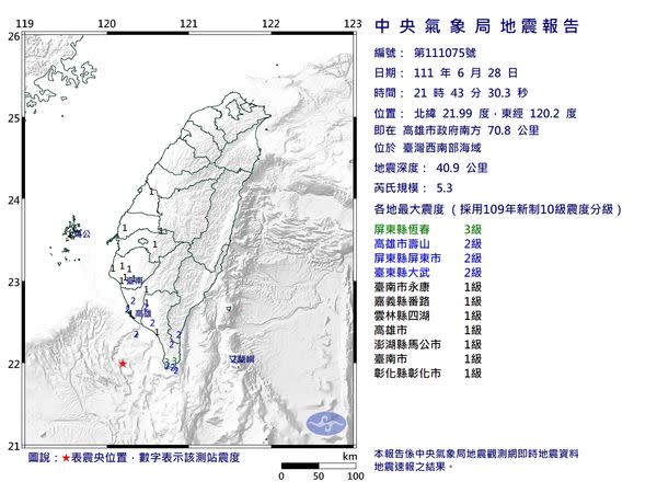 台灣西南海域今（28）天晚間9點43分發生規模5.3地震。   圖：氣象局提供