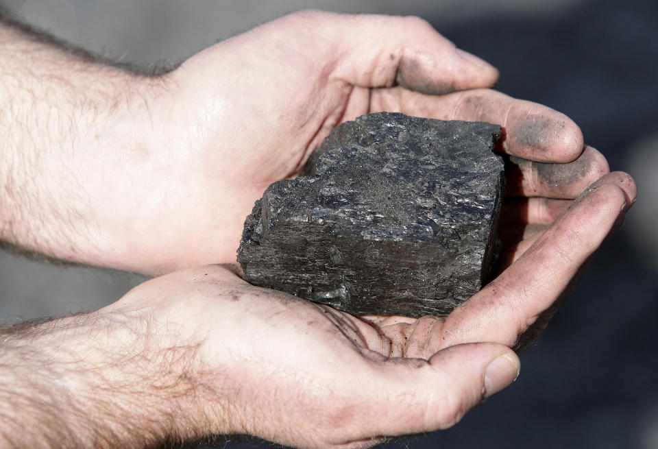 A lump of coal held cupped in two hands.