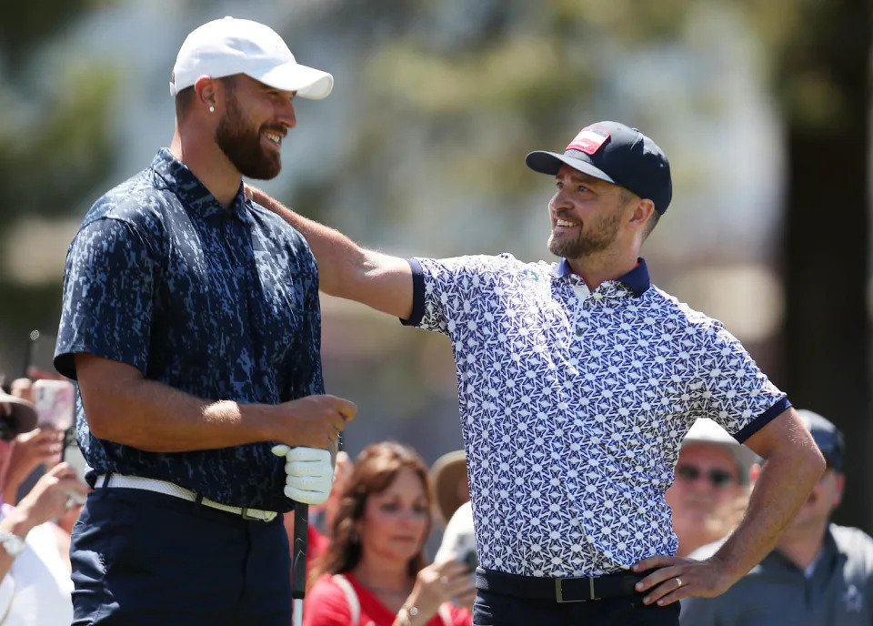 Travis Kelce, Patrick Mahomes, and Justin Timberlake (Jed Jacobsohn / Getty Images)