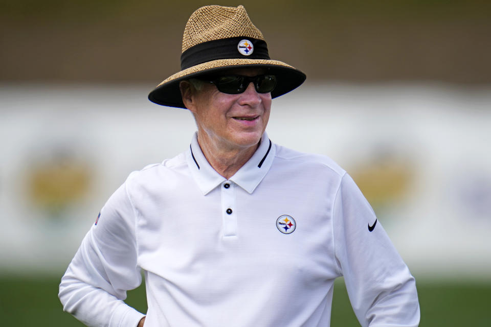 Pittsburgh Steelers owner Art Rooney II watches the NFL football team's training camp workout in Latrobe, Pa., Thursday, July 27, 2023. (AP Photo/Gene J. Puskar)