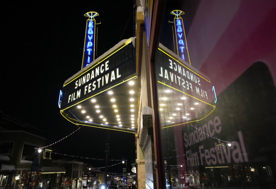 The marquee of the Egyptian Theatre displays an announcement before the start of the Sundance Film Festival, Wednesday, Jan. 17, 2024, in Park City, Utah. The Sundance Film Festival runs from Jan. 18-28 at venues around Park City and Salt Lake City, Utah. (AP Photo/Chris Pizzello)