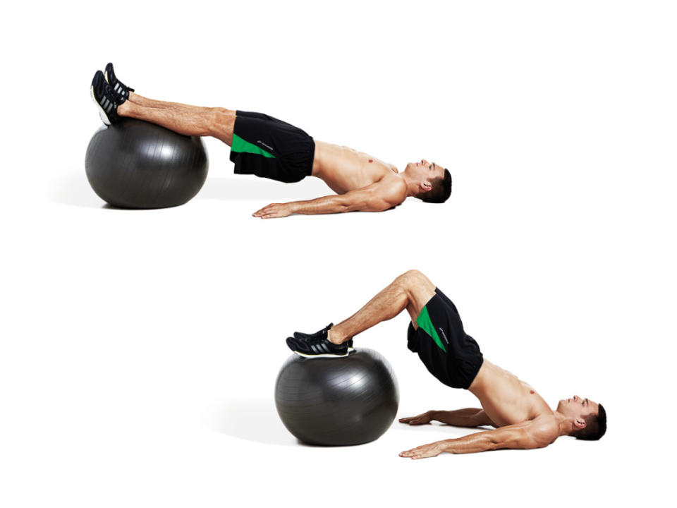 How to do it:<ol><li>Lie on the floor/mat on your back and rest your heels on a Swiss ball. </li><li>Brace your abs, keeping your core in a plank position, and drive your heels into the ball to raise your hips off the floor. </li><li>Bend your knees and roll the ball toward you. </li><li>Keep your hips elevated the entire set.</li></ol>Pro tip:<p>Keep your core engaged throughout this move so that your hips don't dip. Also, be sure to perform this move on a surface that allows the stability ball to move easily but not slip.</p>Variation:<p>This move is pretty straightforward, though some may prefer to perform it without shoes to get better leverage.</p>