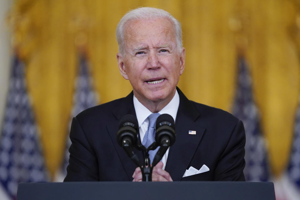 President Joe Biden speaks about Afghanistan from the East Room of the White House, Monday, Aug. 16, 2021, in Washington. (AP Photo/Evan Vucci)