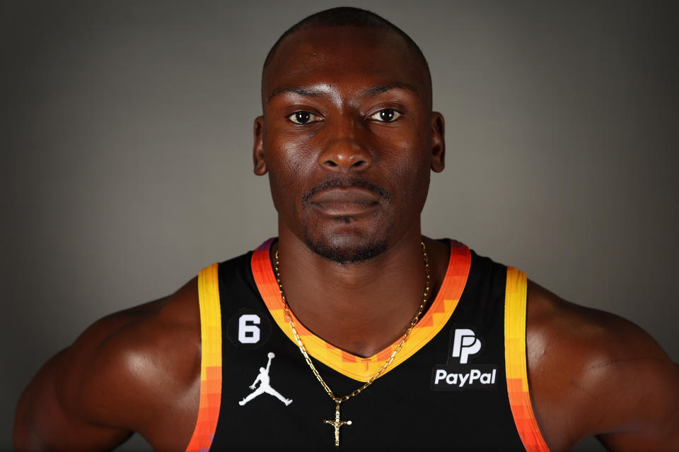 Bismack Biyombo #18 of the <a class="link " href="https://sports.yahoo.com/nba/teams/phoenix/" data-i13n="sec:content-canvas;subsec:anchor_text;elm:context_link" data-ylk="slk:Phoenix Suns;sec:content-canvas;subsec:anchor_text;elm:context_link;itc:0">Phoenix Suns</a> poses for a portrait during NBA media day at Events On Jackson on September 26, 2022, in Phoenix, Arizona. (Christian Petersen/Getty Images)