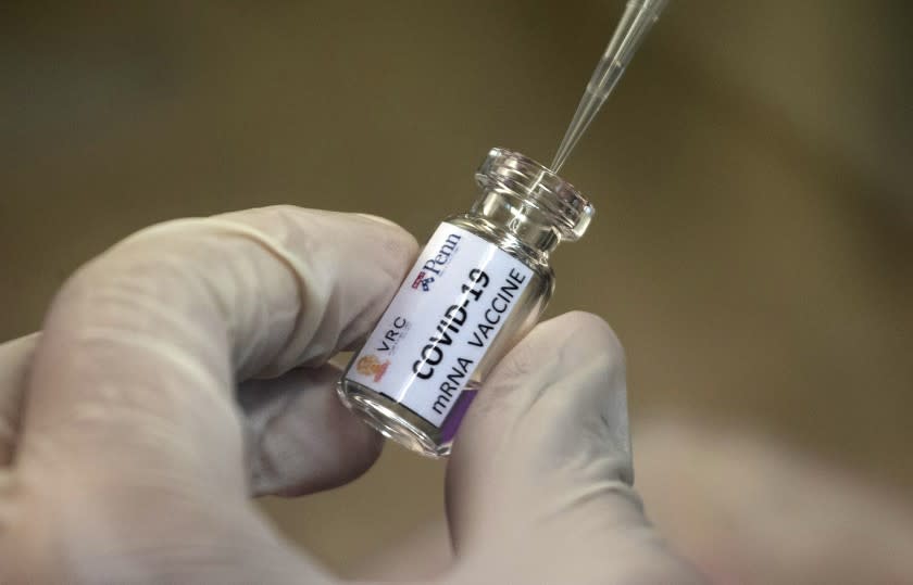 A lab technician extracts a portion of a COVID-19 vaccine candidate during testing at the Chula Vaccine Research Center, run by Chulalongkorn University in Bangkok, Thailand, Monday, May 25, 2020. Researchers in Thailand claim to have promising results with the vaccination on mice, and have begun testing on monkeys. (AP Photo/Sakchai Lalit)