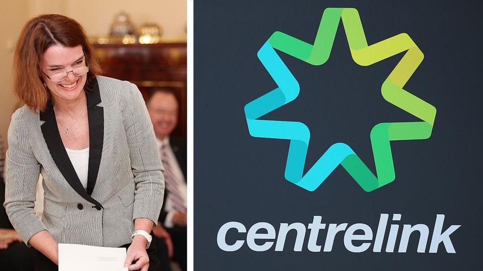 Pictured: Social Services Minister Anne Ruston, Centrelink logo. Images: Getty