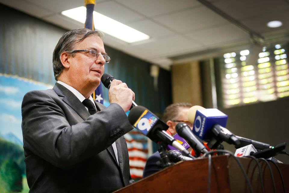 Mexico's Foreign Minister Marcelo Ebrard speaks on Aug. 5, 2019, at a news conference at the Mexican Consulate in El Paso about the mass shooting targeting Latinos inside an El Paso Walmart store.