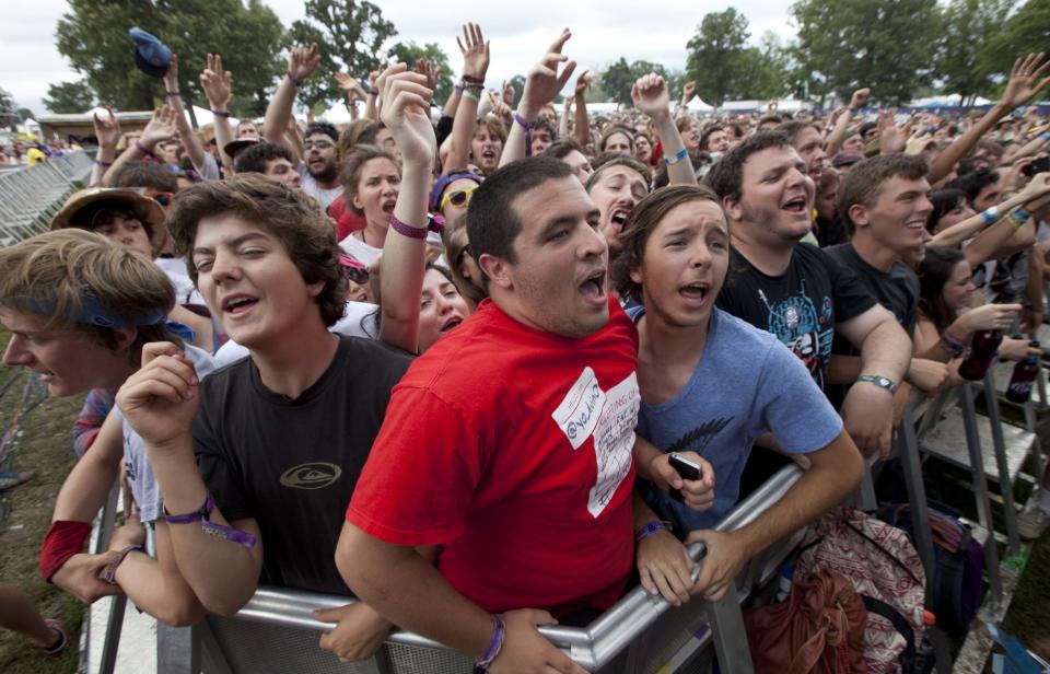 FILE - This June 10, 2012 file photo shows fans during a performance by The Black Lips at the Bonnaroo Music and Arts Festival in Manchester, Tenn. Despite heat, humidity, crowds and costs, music festivals are more popular than ever, attracting millions of fans, with 270 festivals of various types annually in the U.S. and more than 800 in 57 countries. (AP Photo/Dave Martin, file)