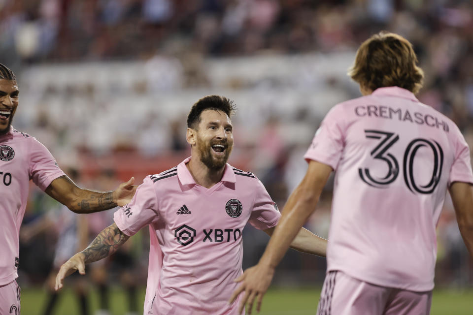 Inter Miami forward Lionel Messi celebrates after his goal against the New York Red Bulls during an MLS soccer match at Red Bull Arena, Saturday, Aug. 26, 2023, in Harrison, N.J. (AP Photo/Eduardo Munoz Alvarez)
