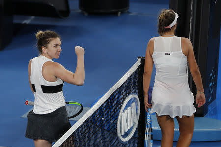 Tennis - Australian Open - Second Round - Melbourne Park, Melbourne, Australia, January 17, 2019. Romania's Simona Halep celebrates after winning the match against Sofia Kenin of the U.S. REUTERS/Adnan Abidi