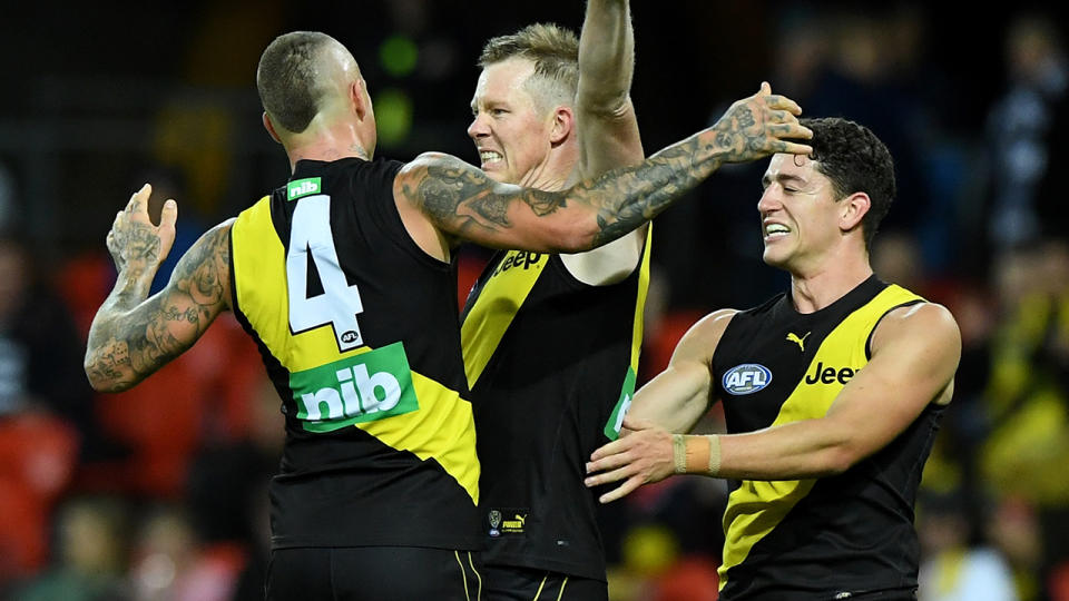 Jack Riewoldt, pictured here after kicking a goal in Richmond's win over Geelong. 