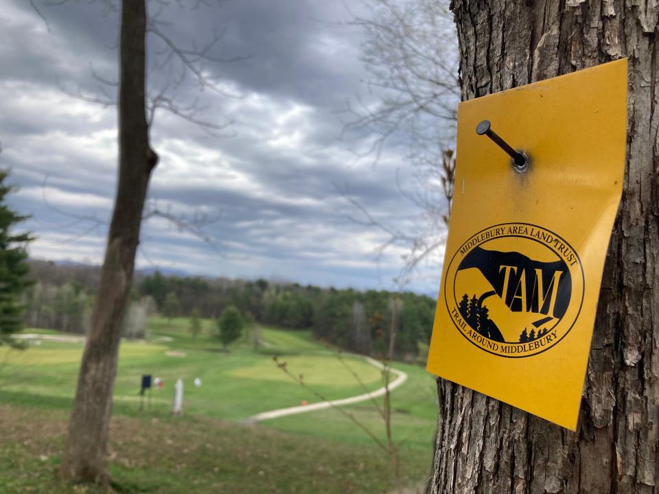 A view of the Ralph Myrhe Golf Course at Middlebury College from the Red Kelly Trail, part of the Trail Around Middlebury system, on April 28, 2024.