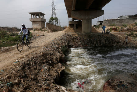 Untreated waste water from leather tanneries flow into the river Ganges in Kanpur, India, May 3, 2018. Picture taken May 3, 2018. REUTERS/Adnan Abidi