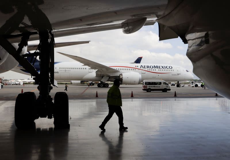 Planes of the Mexican airline Aeromexico in hangars at Benito Juarez International airport in Mexico City