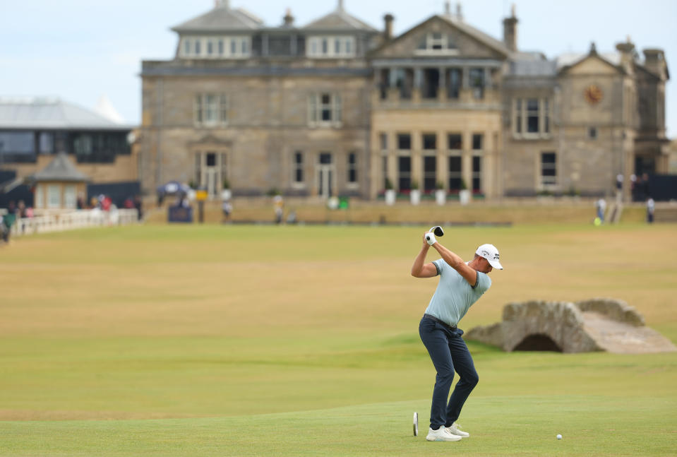 Henrik Stenson of Sweden tees off on the 18th hole during Day Two of The 150th Open at St. Andrews Old Course on July 15, 2022, in St Andrews, Scotland. (Photo by Andrew Redington/Getty Images)