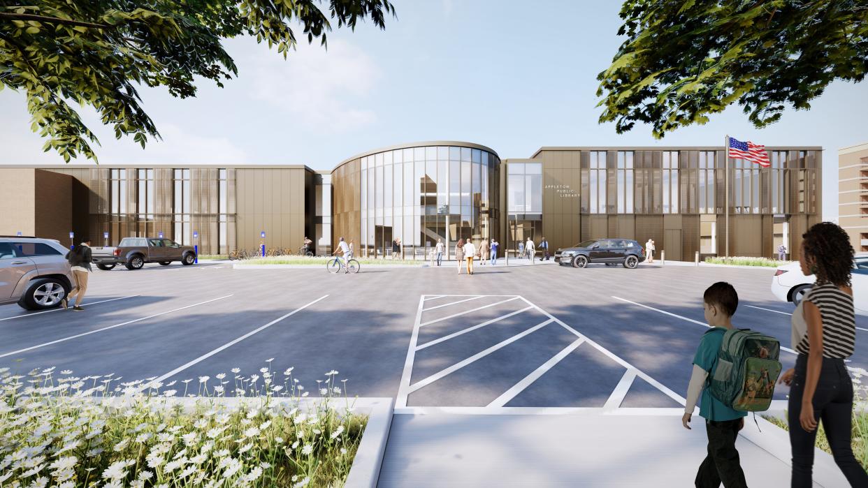 The latest design of the new Appleton Public Library retains a glass pavilion at the main entrance, but two other glass pavilions on the south facade have been eliminated to lower costs.