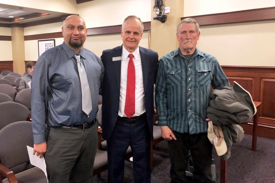 Christopher Tapp, left, is seen in Feb. 2020 during an appearance before the Idaho House Judiciary, Rules and Administration Committee in Boise, to testify in favor of legislation that would compensate the wrongly convicted. (AP Photo/Keith Ridler, File)