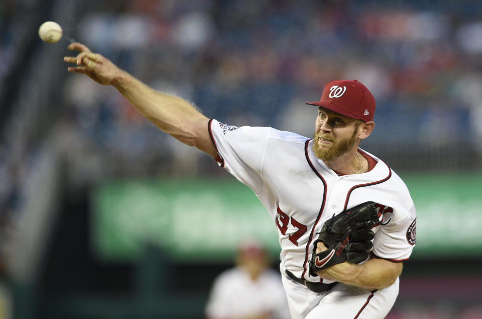 Washington Nationals starting pitcher Stephen Strasburg delivers a pitch during the first inning of the team's baseball game against the Chicago Cubs, Thursday, Sept. 6, 2018, in Washington. (AP Photo/Nick Wass)