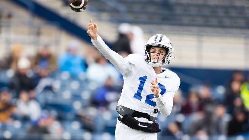 BYU quarterback Jake Retzlaff throws during annual BYU Blue vs. White scrimmage at LaVell Edwards Stadium in Provo on Friday, March 31, 2023. The juco transfer is battling to be QB2 for the Cougars this fall.