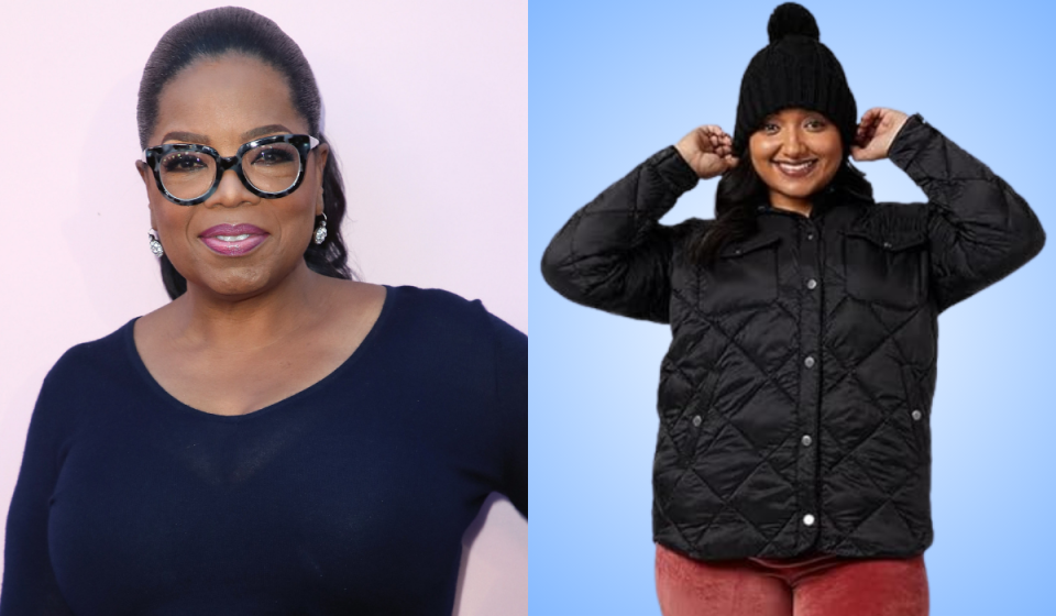 oprah / someone wearing the shacket in black