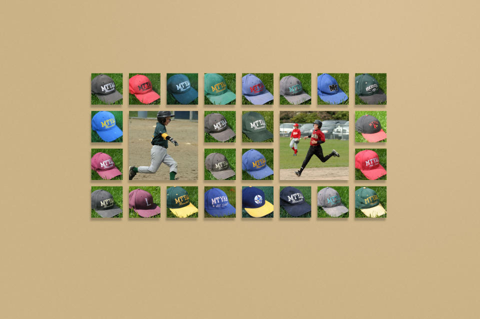 In this undated publicity photo provided by CollageWall Inc., Seattle mom Sara Schrader photographed all of her sons’ team hats and included some action shots to create a collage wall showcasing the boys’ baseball careers. (AP Photo/CollageWall Inc., Sara Schrader)