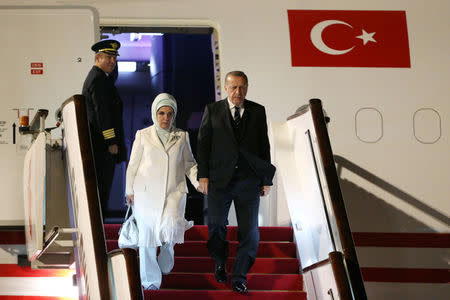 Turkish President Tayyip Erdogan arrives at the Beijing Capital International Airport for the Belt and Road Forum in Beijing, China May 13, 2017. REUTERS/Han Haidan