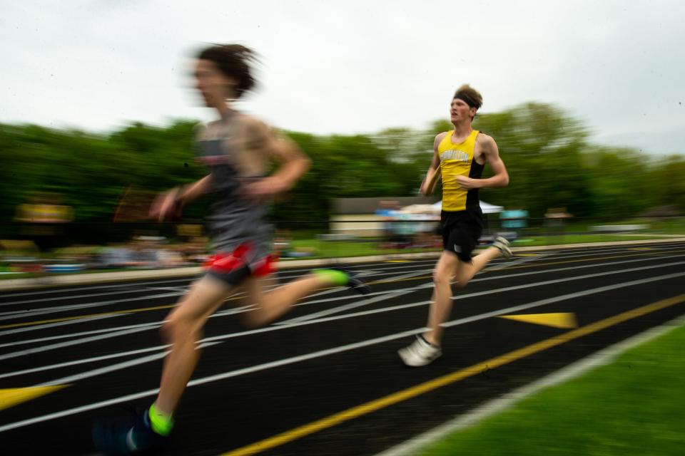 The Hamilton boys compete in the boy's 3200 relays Friday, May 12, 2023, at Unity Christian High School.