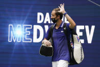 Daniil Medvedev, of Russia, walks onto the court to play against Novak Djokovic, of Serbia, during the men's singles final of the US Open tennis championships, Sunday, Sept. 12, 2021, in New York. (AP Photo/John Minchillo)