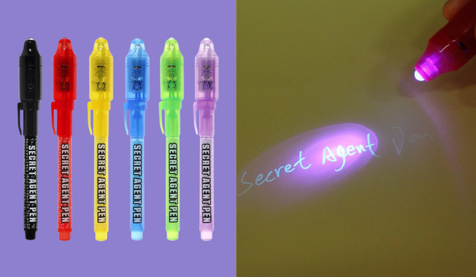 the set of colorful invisible ink pens / someone using the pen's UV light to reveal a message