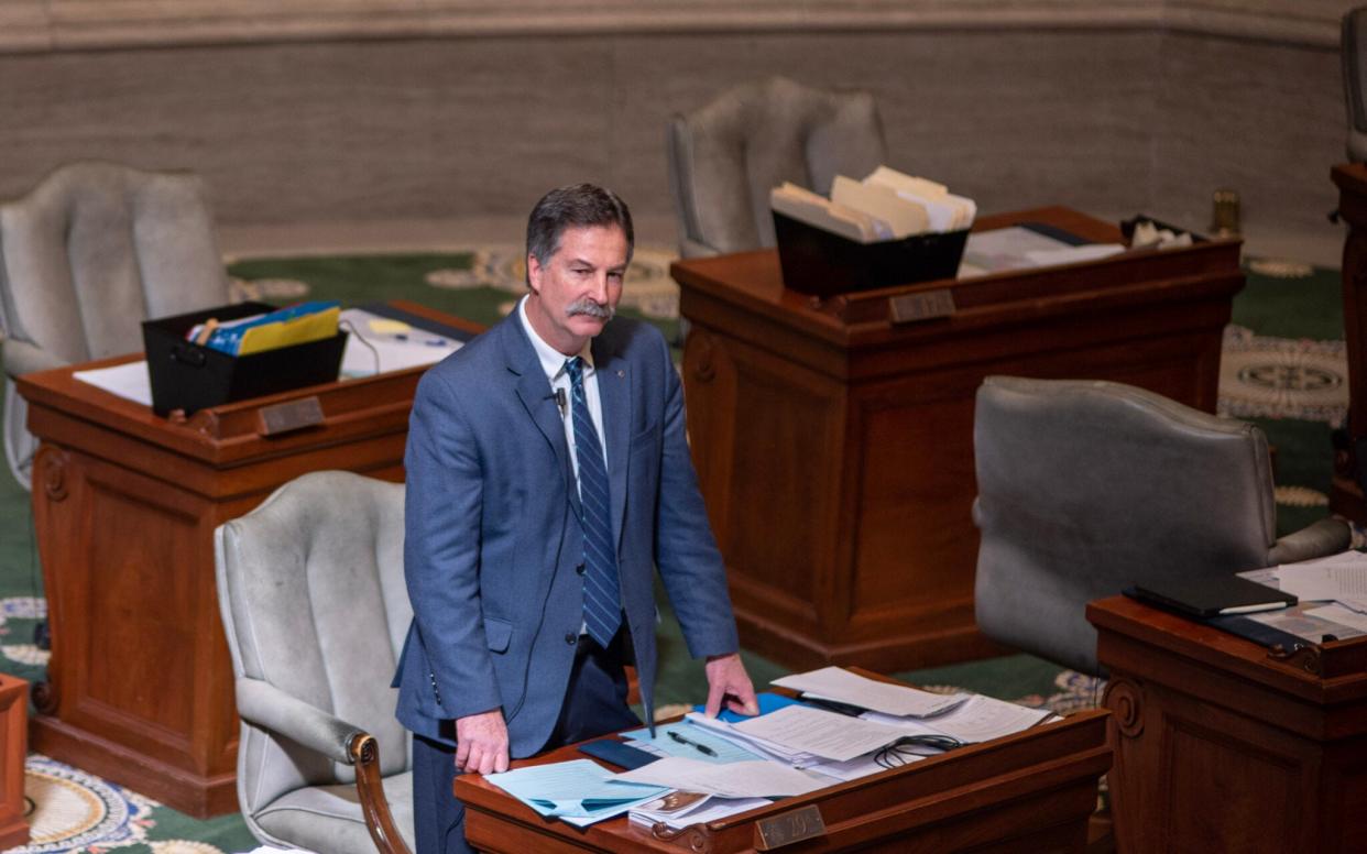 Sen. Mike Moon, R-Ash Grove, speaks on the Senate floor on Feb. 27, 2023.