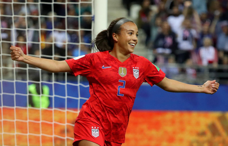 REIMS, FRANCE - JUNE 11: Mallory Pugh of the USA celebrates after scoring her team's eleventh goal during the 2019 FIFA Women's World Cup France group F match between USA and Thailand at Stade Auguste Delaune on June 11, 2019 in Reims, France. (Photo by Robert Cianflone/Getty Images)