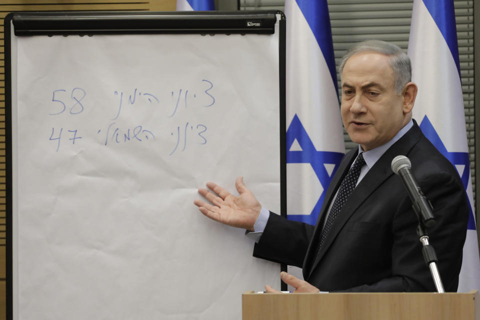 Israeli Prime Minister Benjamin Netanyahu explains some elections results during a meeting with his nationalist allies and his Likud party members at the Knesset, Israeli Parliament, in Jerusalem, Wednesday, March 4, 2020. (AP Photo/Sebastian Scheiner)