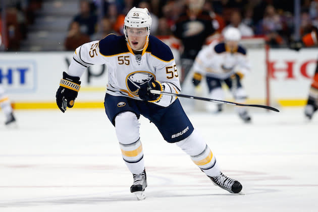 ANAHEIM, CA - FEBRUARY 24: Rasmus Ristolainen #55 of the Buffalo Sabres skates during the second period of a game against the Anaheim Ducks at Honda Center on February 24, 2016 in Anaheim, California. (Photo by Sean M. Haffey/Getty Images)